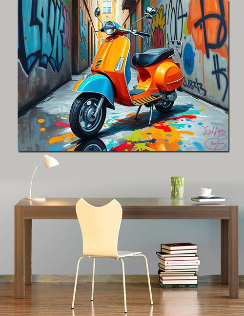 Turuncu Vespa Ve Grafiti Dekoratif Kanvas - Mdf Ahşap Tablo