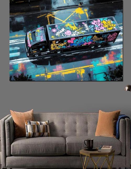 Graffiti Boyanmış Renkli Araba Dekoratif Kanvas - Mdf Ahşap Tablo