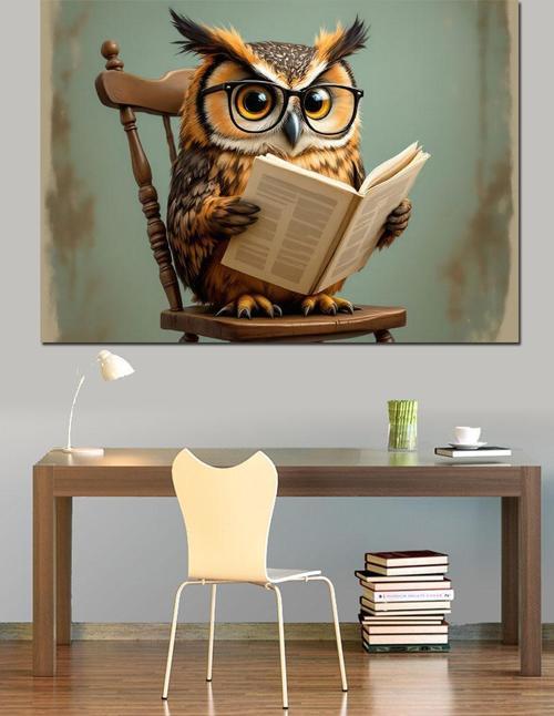 Kitap Okuyan Baykuş Dekoratif Kanvas - Mdf Ahşap Tablo