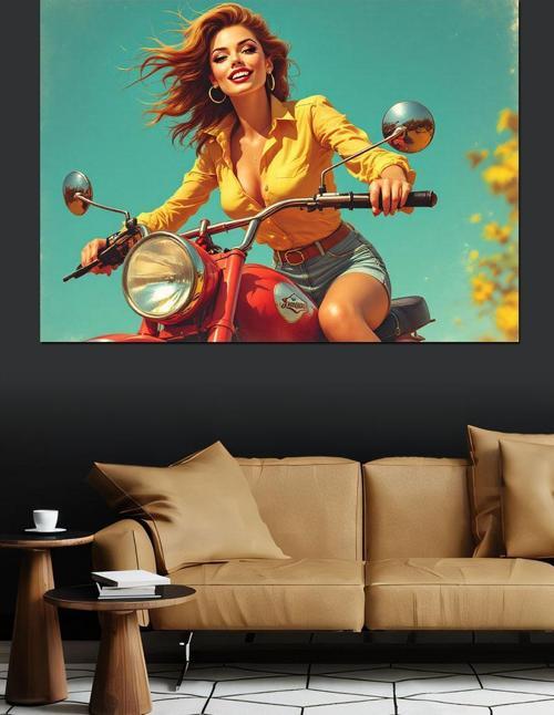 Retro Motosikletli Kadın Dekoratif Kanvas - Mdf Ahşap Tablo
