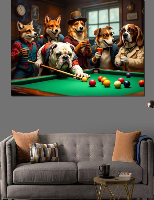 Bilardo Masasında Köpekler Dekoratif Kanvas - Mdf Ahşap Tablo