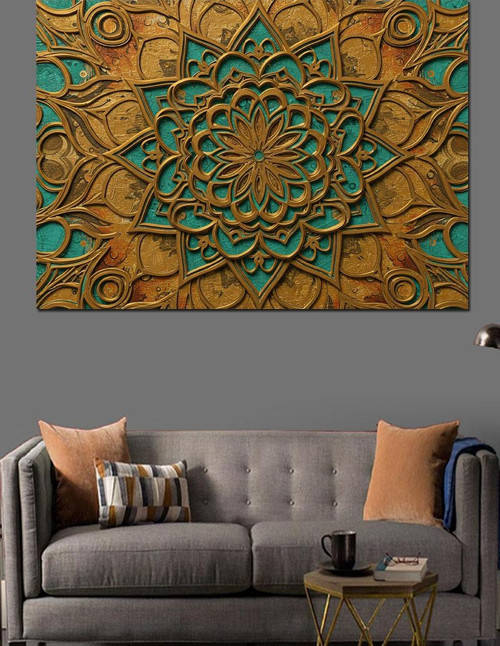 Turkuaz Desenli Geometrik Sanat Dekoratif Kanvas - Mdf Ahşap Tablo