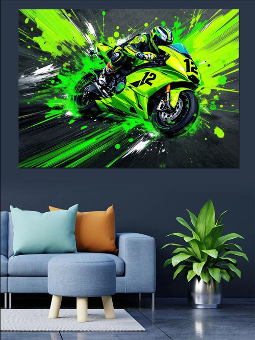 Neon Yeşil Yarış Motosikleti Dekoratif Kanvas - Mdf Ahşap Tablo