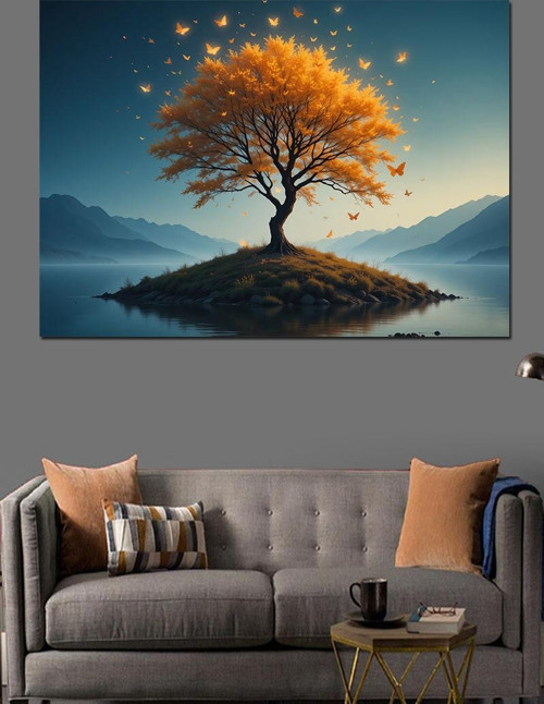 Altın Işıltılı Yalnız Ağaç Dekoratif Kanvas - Mdf Ahşap Tablo