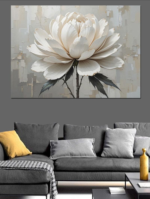 Beyaz Lotus Çiçeği Deseni Dekoratif Kanvas - Mdf Ahşap Tablo
