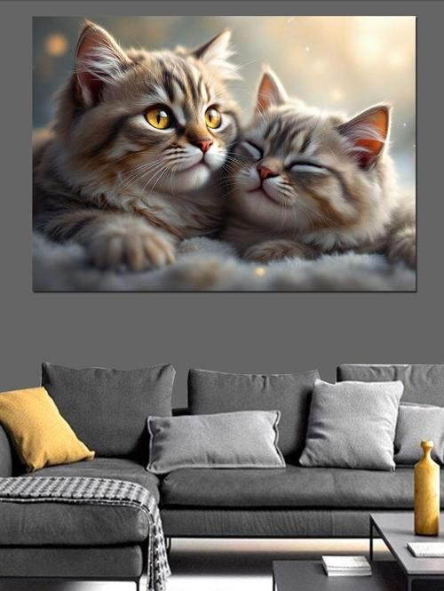 Sarılmış İki Kedi Dekoratif Kanvas - Mdf Ahşap Tablo