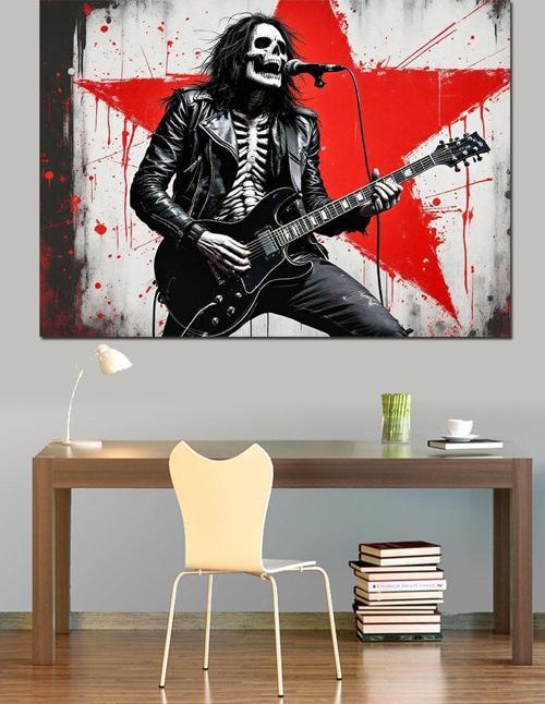 Yıldızlı İskelet Gitarist Dekoratif Kanvas - Mdf Ahşap Tablo