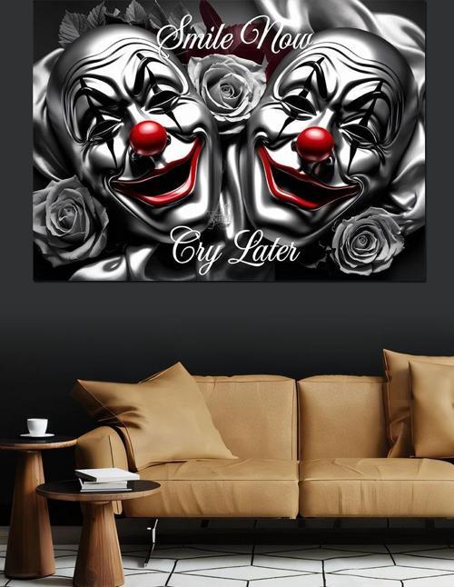 Ağlayan Palyaço Maskeleri İllüstrasyonu Dekoratif Kanvas - Mdf Ahşap Tablo