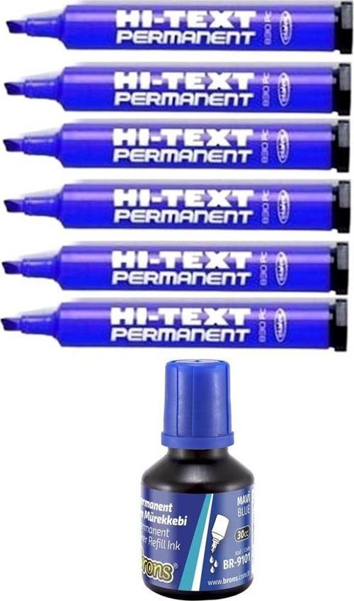 Mavi Kesik Uçlu Markör Permanent Kalem 6 Adet Hı-Text Marker Mürekkep Siyah 30 Ml 1 Adet Brons Koli Kalemi