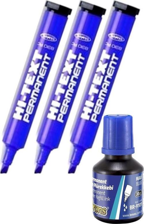 Mavi Kesik Uçlu Markör Permanent Kalem 3 Adet Hı-Text Marker Mürekkep Siyah 30 Ml 1 Adet Brons Koli Kalemi