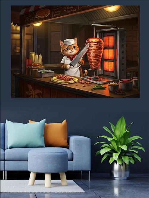 Döner Kesen Kedi Dekoratif Kanvas - Mdf Ahşap Tablo