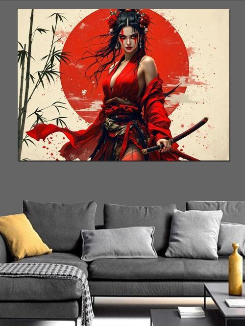 Kırmızı Güneşli Japon Kadın Dekoratif Kanvas - Mdf Ahşap Tablo