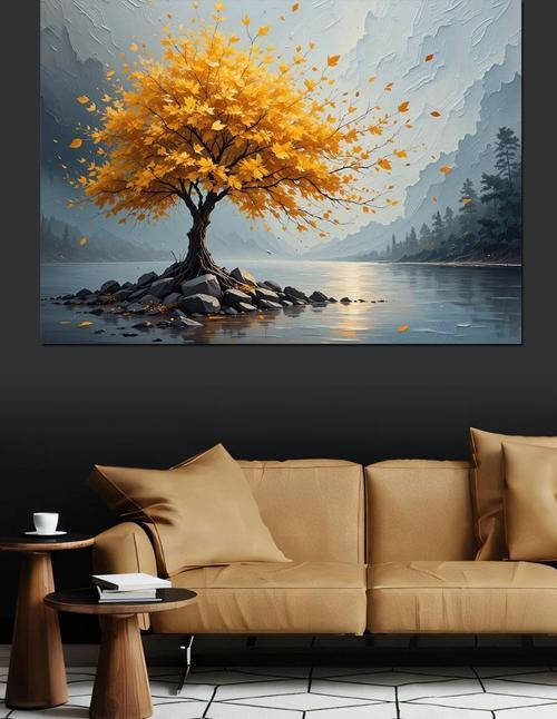 Sarı Yapraklı Yalnız Ağaç Dekoratif Kanvas - Mdf Ahşap Tablo