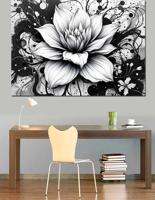 Siyah Beyaz Lotus Dekoratif Kanvas - Mdf Ahşap Tablo