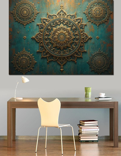 Altın Kabartmalı Mandala Motifi Dekoratif Kanvas - Mdf Ahşap Tablo