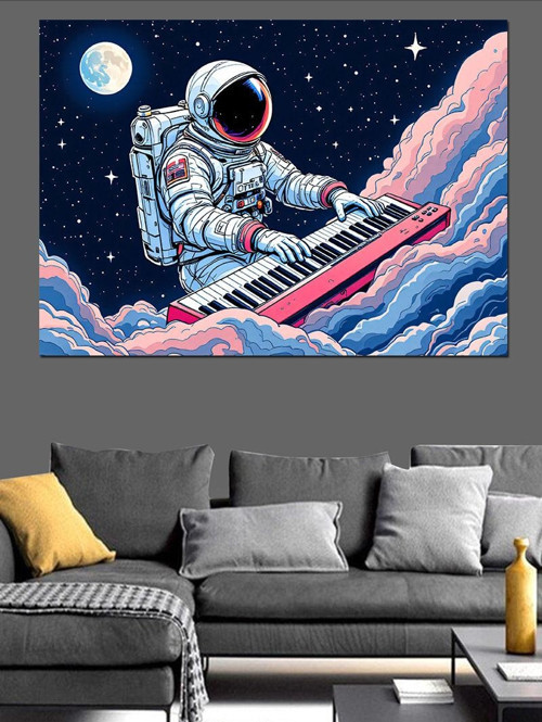 Piyano Çalan Uzay Astronotu Dekoratif Kanvas - Mdf Ahşap Tablo