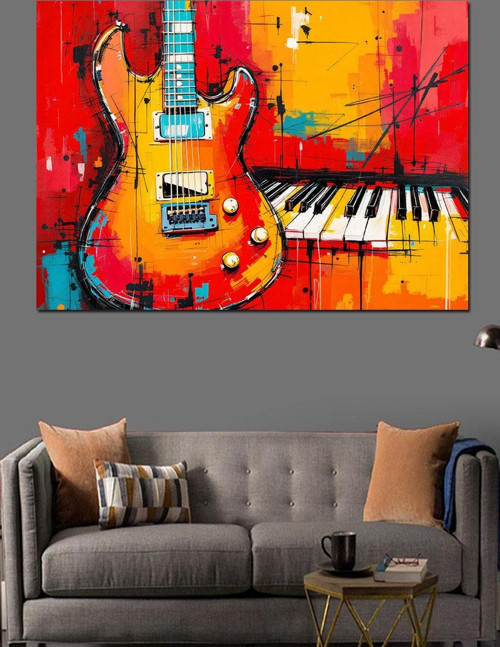 Soyut Fırçalı Renkli Gitar Dekoratif Kanvas - Mdf Ahşap Tablo