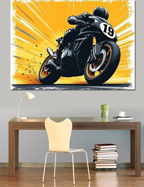 Sarı Motosiklet Yarış Sahnesi Dekoratif Kanvas - Mdf Ahşap Tablo
