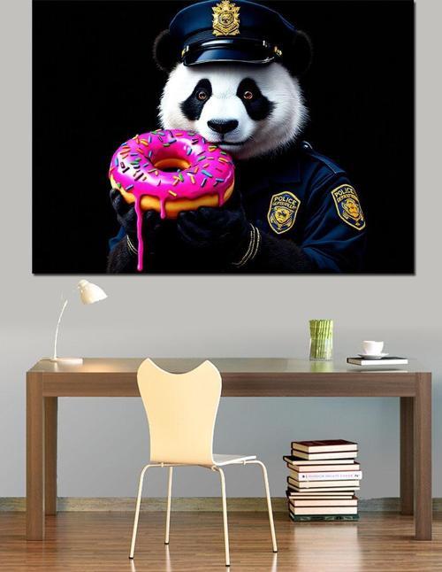Donut Tutan Polis Panda Dekoratif Kanvas - Mdf Ahşap Tablo