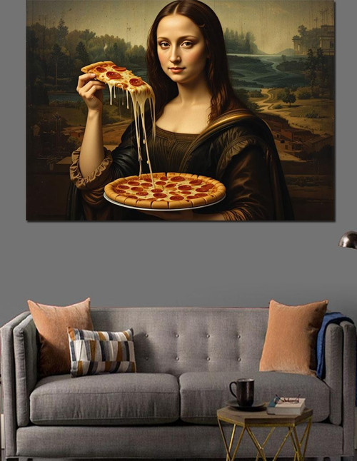 Pizza Yiyen Mona Lisa Dekoratif Kanvas - Mdf Ahşap Tablo