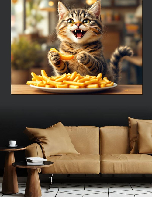 Mutlu Kedi Patates Cipsi Dekoratif Kanvas - Mdf Ahşap Tablo