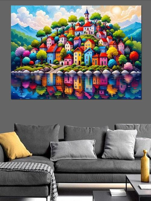 Renkli Masalsı Evler Tepesi Dekoratif Kanvas - Mdf Ahşap Tablo