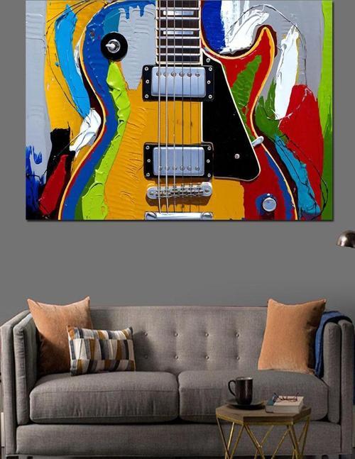 Soyut Renkli Elektro Gitar Dekoratif Kanvas - Mdf Ahşap Tablo