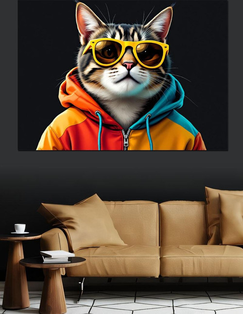 Gözlüklü Hoodie Giymiş Kedi Dekoratif Kanvas - Mdf Ahşap Tablo