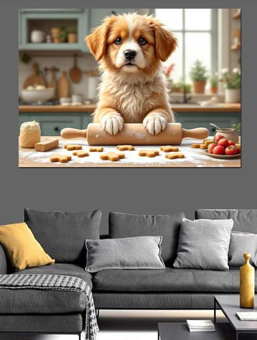 Mutfakta Kurabiye Yapan Köpek Dekoratif Kanvas - Mdf Ahşap Tablo