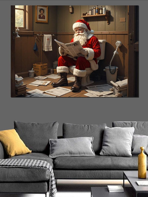Tuvalette Oturan Noel Baba Dekoratif Kanvas - Mdf Ahşap Tablo