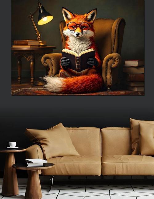Gözlüklü Kitap Okuyan Tilki Dekoratif Kanvas - Mdf Ahşap Tablo