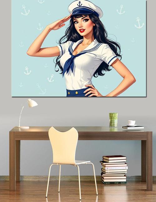 Denizci Kadın Çizim Portre Dekoratif Kanvas - Mdf Ahşap Tablo