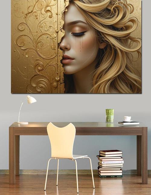 Altın Desenli Kadın Portresi Dekoratif Kanvas - Mdf Ahşap Tablo