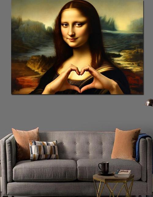 Kalp İşareti Yapan Mona Lisa Dekoratif Kanvas - Mdf Ahşap Tablo