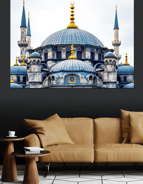 Mavi Kubbe Cami Manzarası Dekoratif Kanvas - Mdf Ahşap Tablo