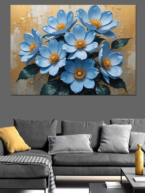 Mavi Çiçekli Duvar Deseni Dekoratif Kanvas - Mdf Ahşap Tablo