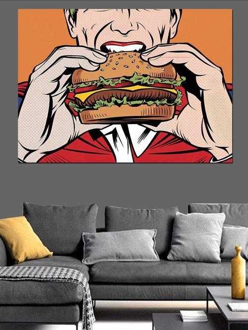 Çizgi Tarzı Hamburger Yiyen Adam Dekoratif Kanvas - Mdf Ahşap Tablo