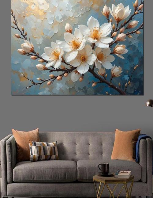 Açan Beyaz Çiçek Dalları Dekoratif Kanvas - Mdf Ahşap Tablo