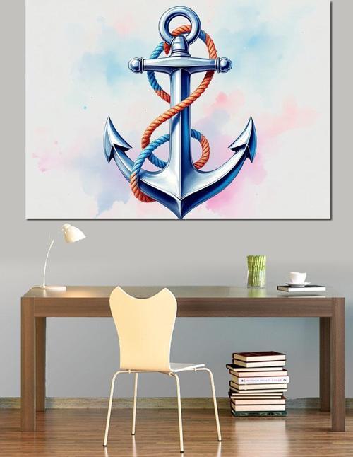 Pastel Renkli Çapa Deseni Dekoratif Kanvas - Mdf Ahşap Tablo