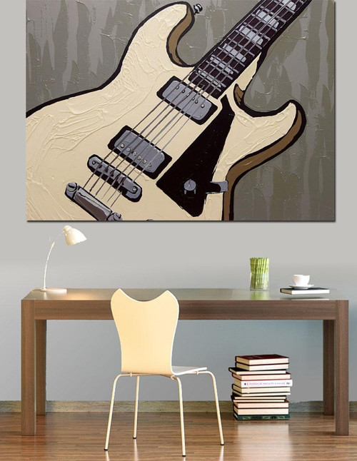 Beyaz Elektro Gitar İllüstrasyonu Dekoratif Kanvas - Mdf Ahşap Tablo