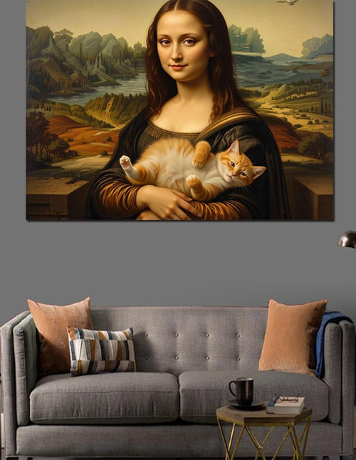 Kedi Tutan Mona Lisa Versiyonu Dekoratif Kanvas - Mdf Ahşap Tablo