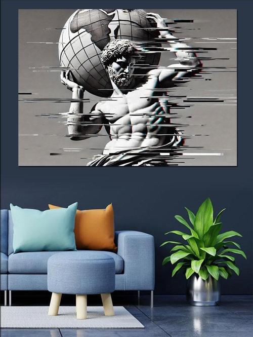 Glitch Efektli Atlas Heykeli Dekoratif Kanvas - Mdf Ahşap Tablo