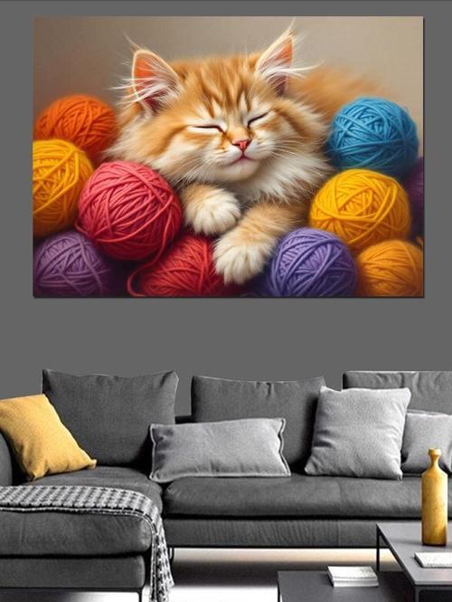 Yumakların Üzerinde Kedi Dekoratif Kanvas - Mdf Ahşap Tablo