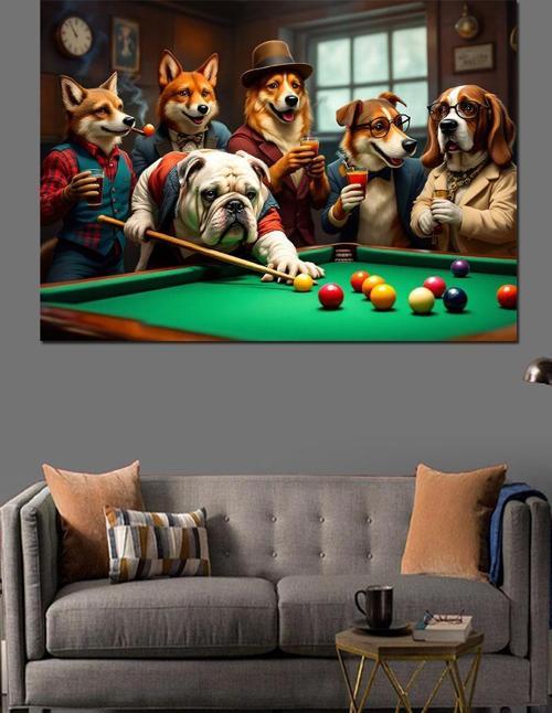 Bilardo Masasında Köpekler Dekoratif Kanvas - Mdf Ahşap Tablo