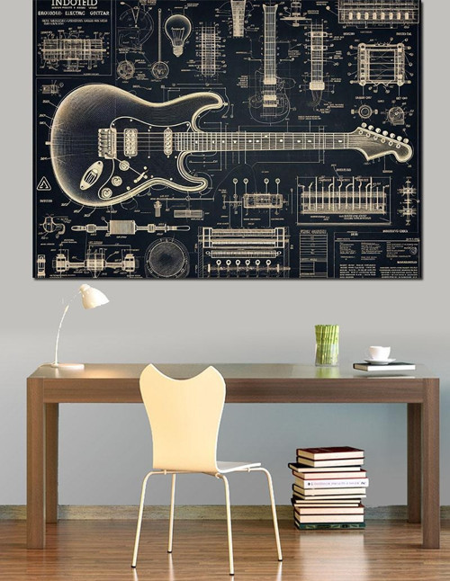 Müzikal Gitar Deseni Dekoratif Kanvas - Mdf Ahşap Tablo