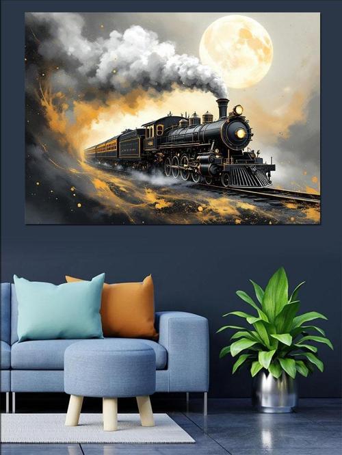 Gece Dumanlı Buharlı Tren Dekoratif Kanvas - Mdf Ahşap Tablo