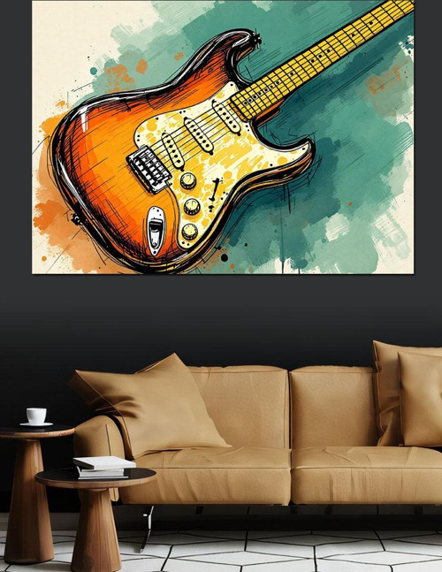 Turuncu Elektro Gitar Dekoratif Kanvas - Mdf Ahşap Tablo