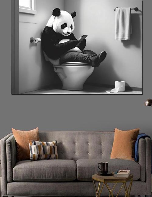 Tuvalette Gazete Okuyan Panda Dekoratif Kanvas - Mdf Ahşap Tablo