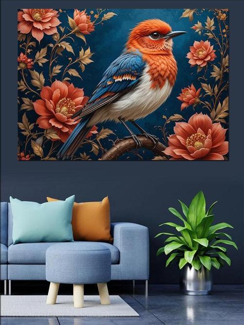 Kırmızı Çiçekli Mavi Kuş Dekoratif Kanvas - Mdf Ahşap Tablo