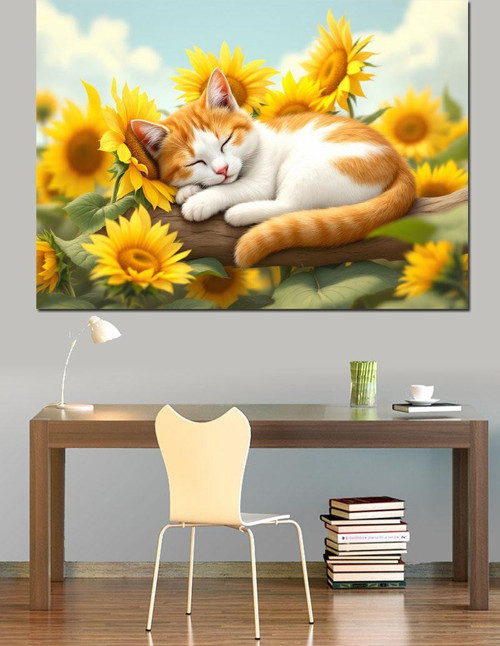 Ayçiçekleri Arasında Uyuyan Kedi Dekoratif Kanvas - Mdf Ahşap Tablo